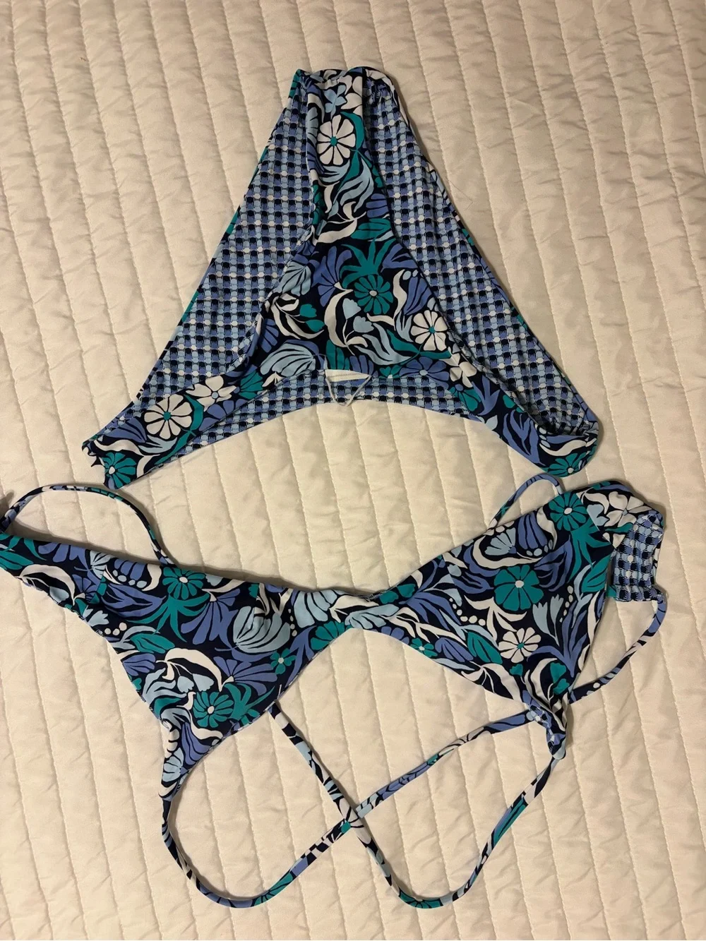 Roxy Reversible Blue Gingham & Tropical Flower Women's Bikini Set - Size Small